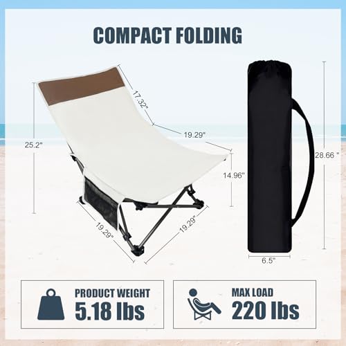 WTVIDAS Compact Beach Chairs 2 Pack with 3-Position Lay Flat Low Portable Camping Chairs for Adults Folding Reclining Chai...