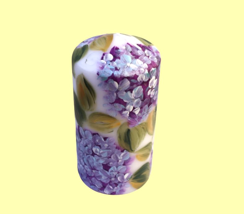 Pretty Decorative Unscented Dripless Romantic Large Tall Decorated White Pillar Flower Candle with Artist Hand Painted Lav...