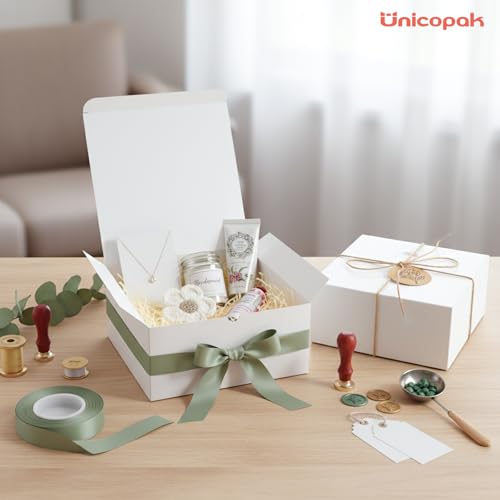 UnicoPak 6 Pack 8x8x3.5 White Gift Boxes Bulk, Gift Boxes with Lids for Presents for Birthday Wedding Bridesmaid Proposal ...