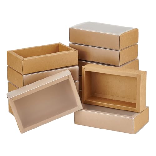 BENECREAT 12Packs Large Rectangle Brown Kraft Boxes Heavy Duty Gift Box with Clear PVC Windows 5.9x3x1.5 for Party Favor T...