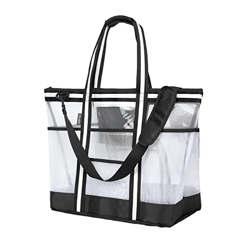 Vulken 42L Extra Large Mesh Beach Bag. 9 Pockets Top Zip Tote Bag Shoulder Bag