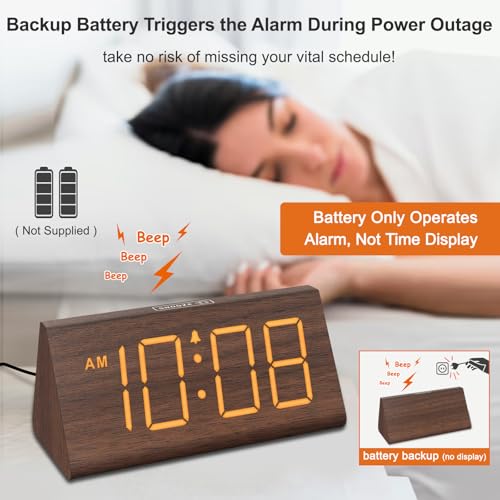 DreamSky Wooden Digital Alarm Clocks for Bedrooms - Electric Desk Clock with Large Numbers, USB Port, Loud Alarm for Heavy...