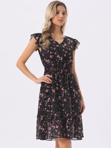 Allegra K Women's Floral Dress Spring Summer V Neck Flutter Sleeve Ruffle Casual Smocked Knee Length Dresses