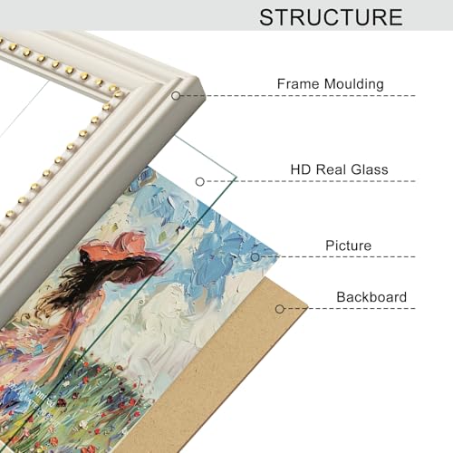 Wontree 4x6 Picture Frame in Beige with Classic Gold Beaded Border, Solid Wood with Real Glass, Vertical and Horizontal De...