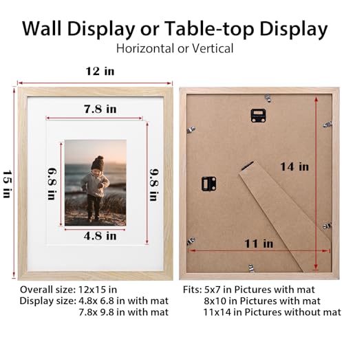 KINLINK 11x14 Picture Frame Natural, Solid Wood Frames 14x11 with Acrylic Plexiglass for Pictures 5x7/8x10 with Mat or 11x...