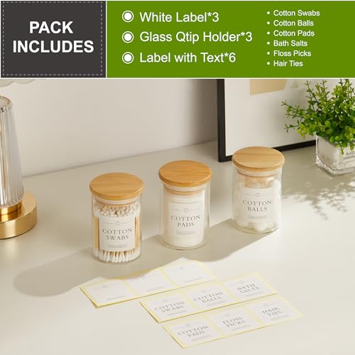 INIUNIK 3 Pack Qtip Holder Dispenser - Glass Apothecary Jars with Lids, Cotton Ball Pad Swab Round Holder, Bamboo Bathroom...