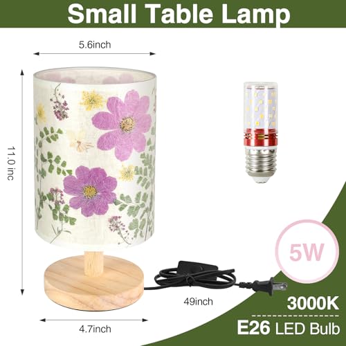 Floresita Dried Flowers Small Table Lamp 5W LED 3-Color Bedside Lamp Pressed Flowers Lampshade with Wood Base for Bedroom ...