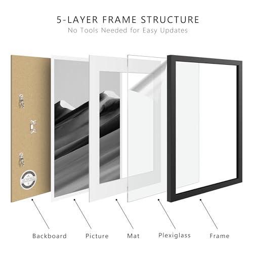 Xenoluma 11x14 Black Picture Frame with 8x10 Mat - Shatter Resistant HD Plexiglass, Wall Mount, Vertical Horizontal Displa...