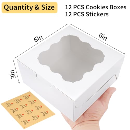 WINKIO 12 Pieces Cookie Boxes with Window, 6×6×3 Inches Treat Boxes for Bakery Dessert Pastry Mini Cake Favor Donut Baked ...