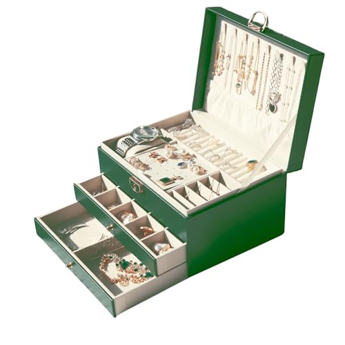 RQQM Jewelry Organizer Box PU Leather Double-Layer Pull-Out Drawer & Multiple Compartments - Premium Jewelry Storage for N...