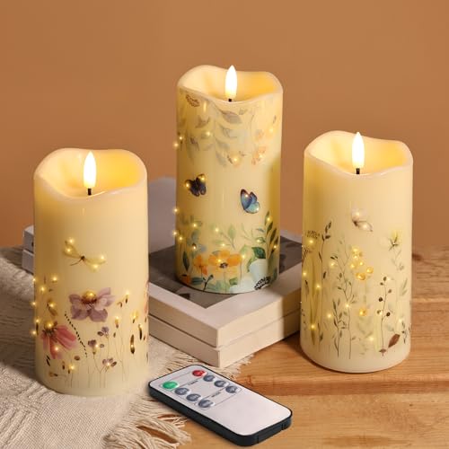 Eywamage Fiber Optic Flameless Pillar Candles with Remote Set of 3, Butterfly Floral Spring LED Candles Battery Operated Φ...