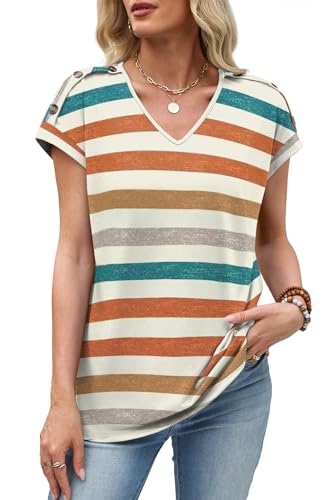 XIEERDUO Womens Summer Tops Short Sleeve Shirts with Buttons V Neck Trendy Tunic Blouses Beach Vacation Clothes