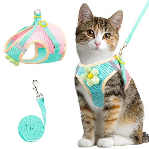 Cat Harness and Leash Set Escape Proof, Adjustable Cat Vest Harnesses Soft Kitten Harness Reflective Strips Jacket with Fl...