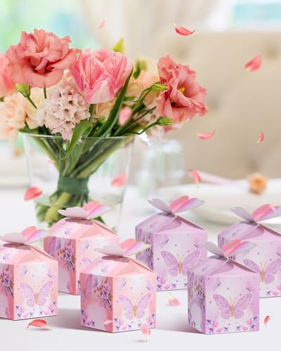 Liobelon 48 Pcs MINI Butterfly Party Favor Treat Boxes, Pink Purple Floral Candy Paper Gift Box Butterfly Decorations Brid...