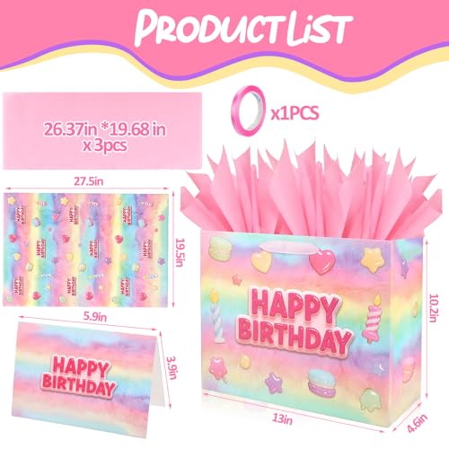 Vodolo 13” Happy Birthday Gift Bags with Tissue Paper Wrapping Paper and Card,Pink Gift Wrap Bags with handles for Women,G...