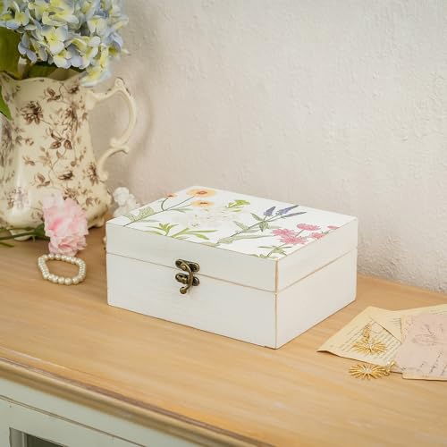 Synovana Small Decorative Box with Hinged Lid Wooden Handmade Keepsake Storage Box Floral Printed Jewelry Box Rustic Trink...