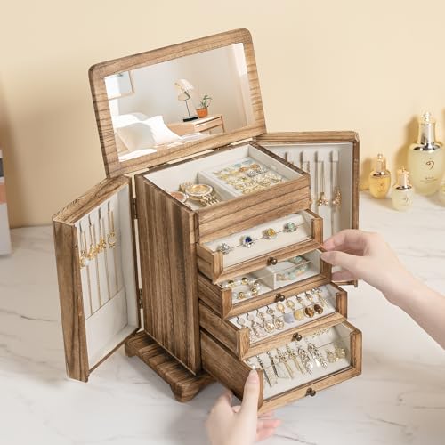 Bellaownia Large Jewelry Box & Organizer for Women, Wooden Jewelry Storage with 4 Transparent Drawers, Holds Necklaces, Ri...