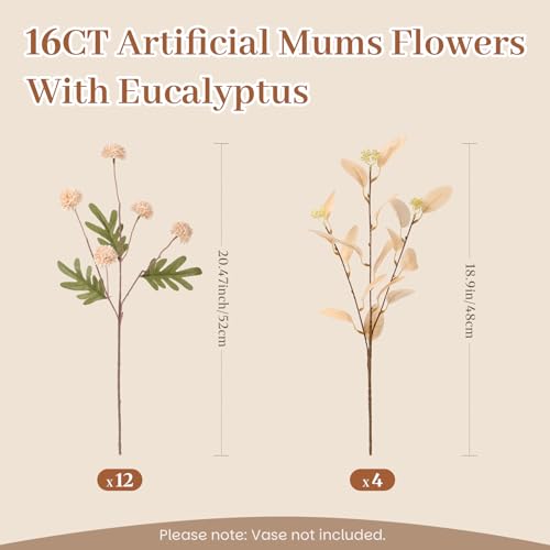 Alupssuc 16PCS Faux Silk Pompon Mums Artificial Flowers with Eucalyptus, Fake Chrysanthemum Floral for DIY Vase Arrangemen...