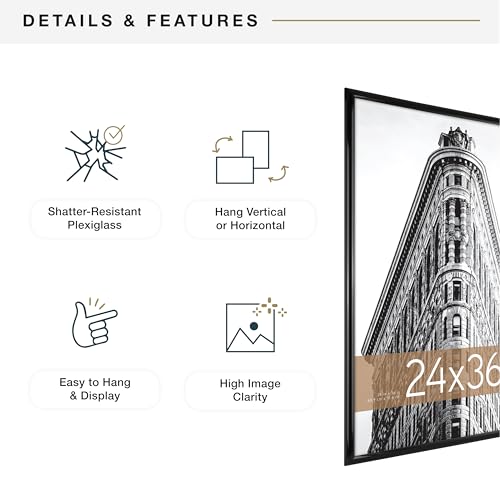MCS Trendsetter 24x36 Poster Frame Black High-Gloss, Vertical & Horizontal Wall Hanging Large Picture Frame for Photos, Po...