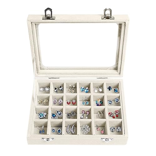 EONGOA Velvet Jewelry Box 24 Grid Jewelry Earrings Display Organiser Box Ring Tray Holder Earrings Storage Case for Girls ...