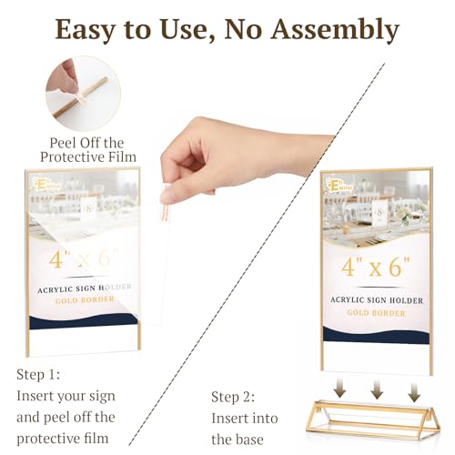 EHWINE 12 Pack Acrylic Sign Holder 4 x 6, Double Sided Gold Picture Frame Stand up Table Top Sign Holders, Clear Display S...