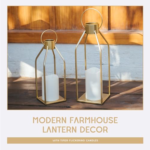 HPC Decor Modern Farmhouse Lantern Decor- Gold Metal Candle Lanterns for Christmas- Lanterns Decorative w/Timer Flickering...
