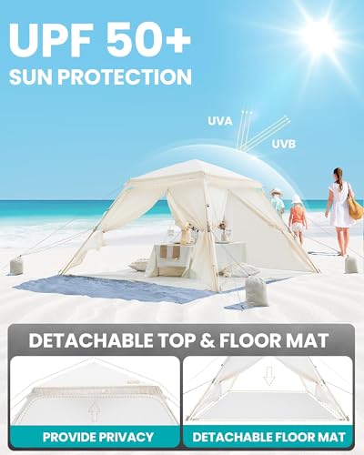 OutdoorMaster Updated Pop Up Beach Tent with Fringe for 4 Person, Easy Setup and Portable Beach Shade Sun Shelter Canopy w...