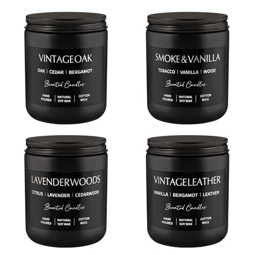 Scented Candles Gift Set - 4 Pack (7oz Each) Soy Wax Aromatherapy Candles with Essential Oils, Smokeless - Leather & Smok...
