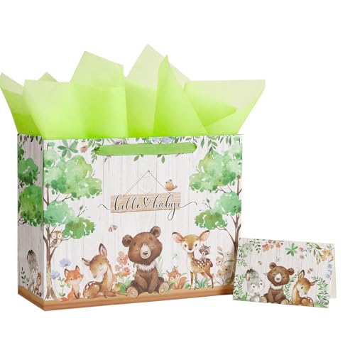 Loveinside Hello Baby Gift Bag for Newborn Baby Boy Girl, Cute Bear Deer Woodland Animal Design, Medium Size Bag with Tiss...