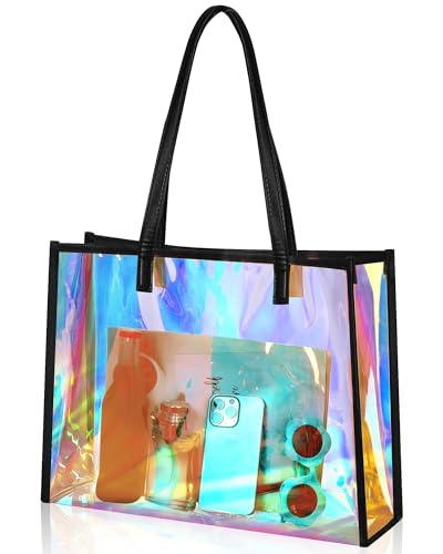 Aliceset Holographic Clear Tote Bag with Leather Handle Iridescent Bachelorette Beach Bag for Work Stadium Travel | with L...