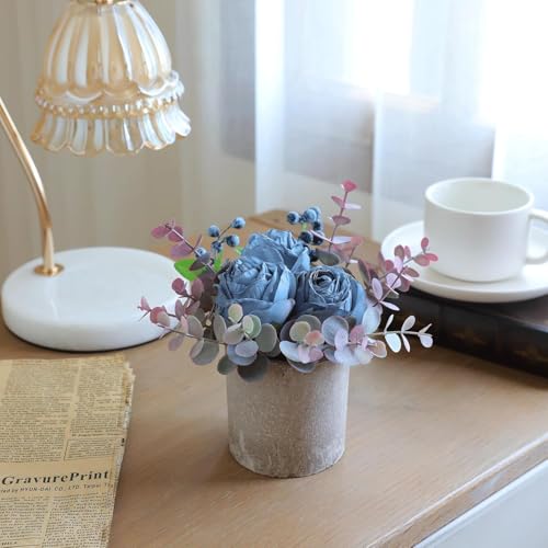 Rosscer Small Artificial 2pcs Burnt Blue Rose Potted Plant, 6" Fake Silk Flowers in 3" Cylindrical Pot, Mini Faux Floral A...