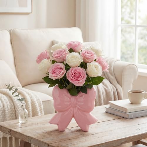 Jingmore Pink Bow Vase Coquette Ceramic Vase Pen Holder Makeup Brush Holder Contemporary Design Women Decorative Gift for ...