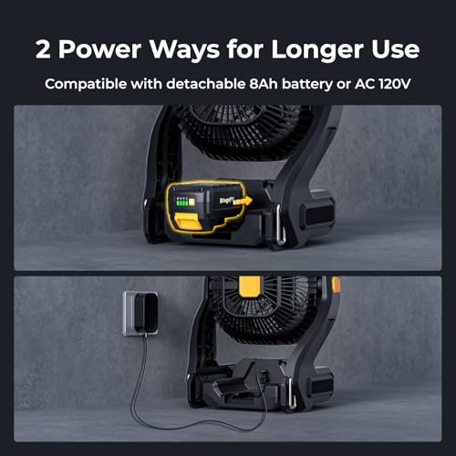 BougeRV Battery Powered Fan 755 CFM Cordless Table Fan with 8A 144Wh Removable Battery Metal Hooks AC/DC Supply USB Port L...