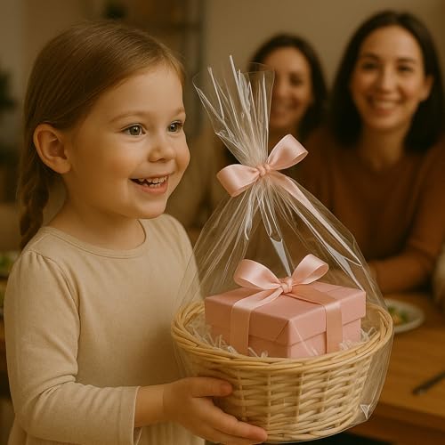 WIKDAY Cellophane Wrap for Gift Baskets 16x24 Inches 8 PCS Large Clear Gift Wrapping Plastic Bags with Ties for Gift Givin...