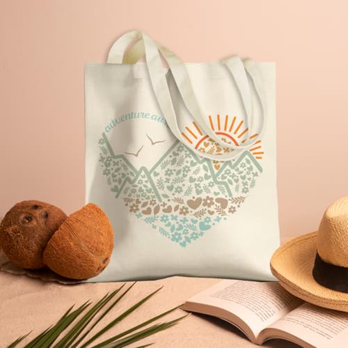 jeilink Cute Mountain Adventure Sunshine Canvas Tote Bag Camping Gifts Weekender Grocery Bags for Women Girls