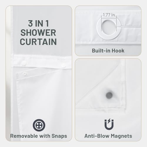 WITHLOC No Hook Shower Curtain with Snap in Liner - Floral Shower Curtain - Fabric Waterproof Inner Liner, Plants Watercol...