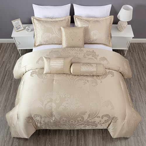 Chezmoi Collection Royale 7-Piece Jacquard Floral Comforter Set, Oversized King, Champagne