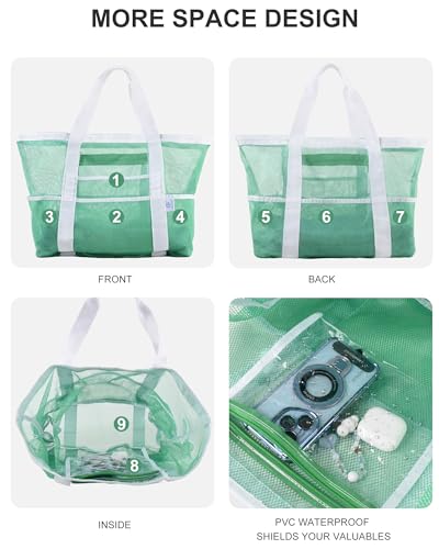 Genteen Mesh Beach Bag,Large Beach Totes for women Large Foldable Mesh Swimming Pool & Vacation Essentials Bag