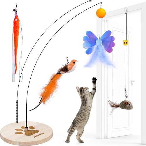 JXFUKAL Interactive cat Toy, Automatic Cat Wand Toy with Stable Wooden Base, 2 PCS Detachable Cat Teaser, 5PCS Refills Rep...