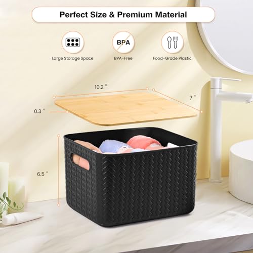 Ohmlove 4 Packs Storage Bins with Bamboo Lids - Plastic Storage Containers with Lids Stackable Storage Box: Storages Baske...