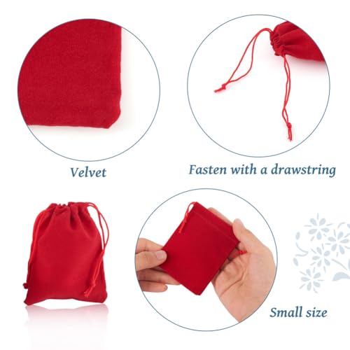 FASHEWELRY 100 Pack Red Velvet Drawstring Bags 3.6 x 2.8 inch Christmas Candy Gift Bags Mini Jewelry Storage Present Packa...