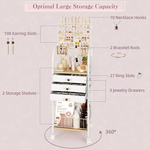 Keebofly Jewelry Organizer Stand with 3 Drawers, Large Necklace Holder & Earring Organizer Rack, Wooden Jewelry Tree Tower...