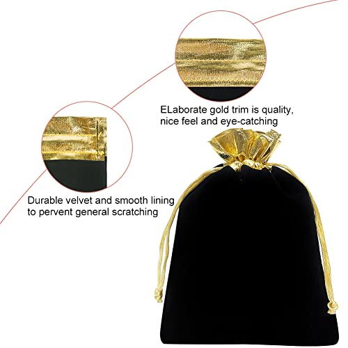 HRX Package 10pcs Velvet Bags with Drawstrings 5x7 inch, Black Gold Cloth Gift Pouches Baggies Sacks for Jewelry Dice Part...