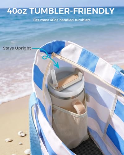 WANDF Beach Bags for Women, Large Waterproof Sandproof Beach Tote Bag with Zipper Family Pool Bags with 40oz Tumbler Pocke...