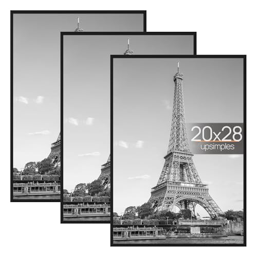 upsimples 20x28 Picture Frame Black 3 Pack, Scratch-Proof Poster Frames 20 x 28 for Photo Gallery - Slide-In Strips, Horiz...