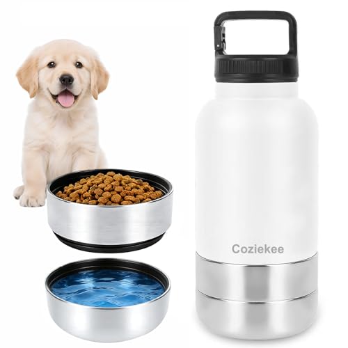3-in-1 Dog Water Bottle Portable, 32oz Insulated Stainless Steel Pet Water Dispenser with 2 Detachable Travel Dog Bowls fo...