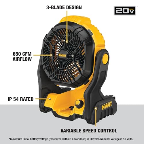 DEWALT 20V MAX Portable Fan, Battery Powered Rechargeable Cordless Shop Fan, Up to 4.5 Hrs Runtime, Variable Speed, 650 CF...
