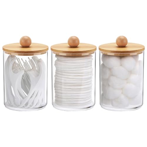 Tbestmax 10 Oz Cotton Swab/Ball/Pad Holder, Qtip Apothecary Jar, Clear Bathroom Containers Dispenser for Storage 3 Pack Wo...