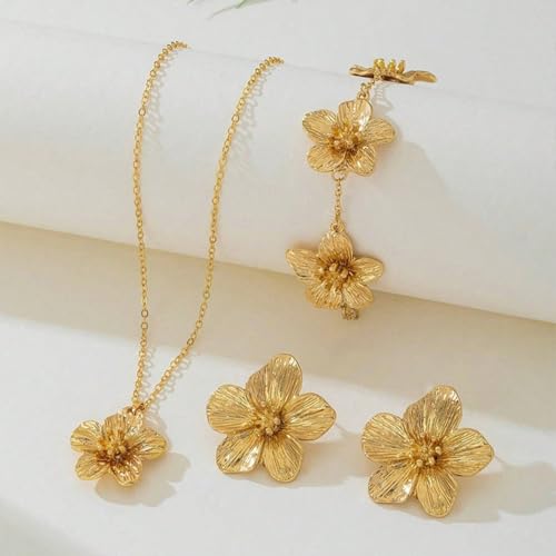 Gold Flower Necklace Bracelet Earrings Set for Women Boho Statement Chunky Big Daisy Flowers Floral Layered Chic Jewelry S...
