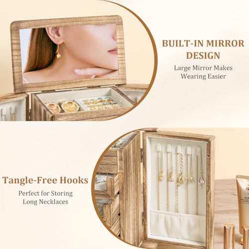 Bellaownia Large Jewelry Box & Organizer for Women, Wooden Jewelry Storage with 4 Transparent Drawers, Holds Necklaces, Ri...